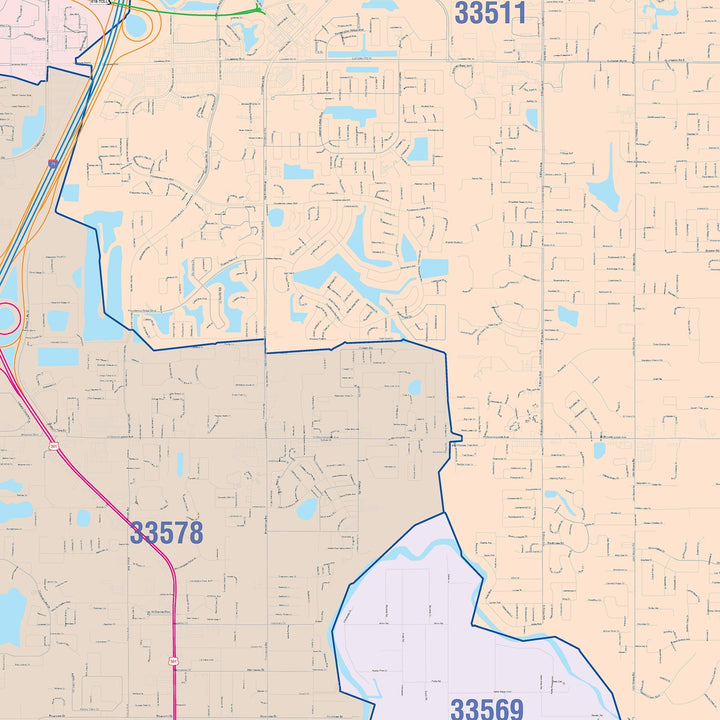 Color Cast Zip Code Style Wall Map of Brandon, FL