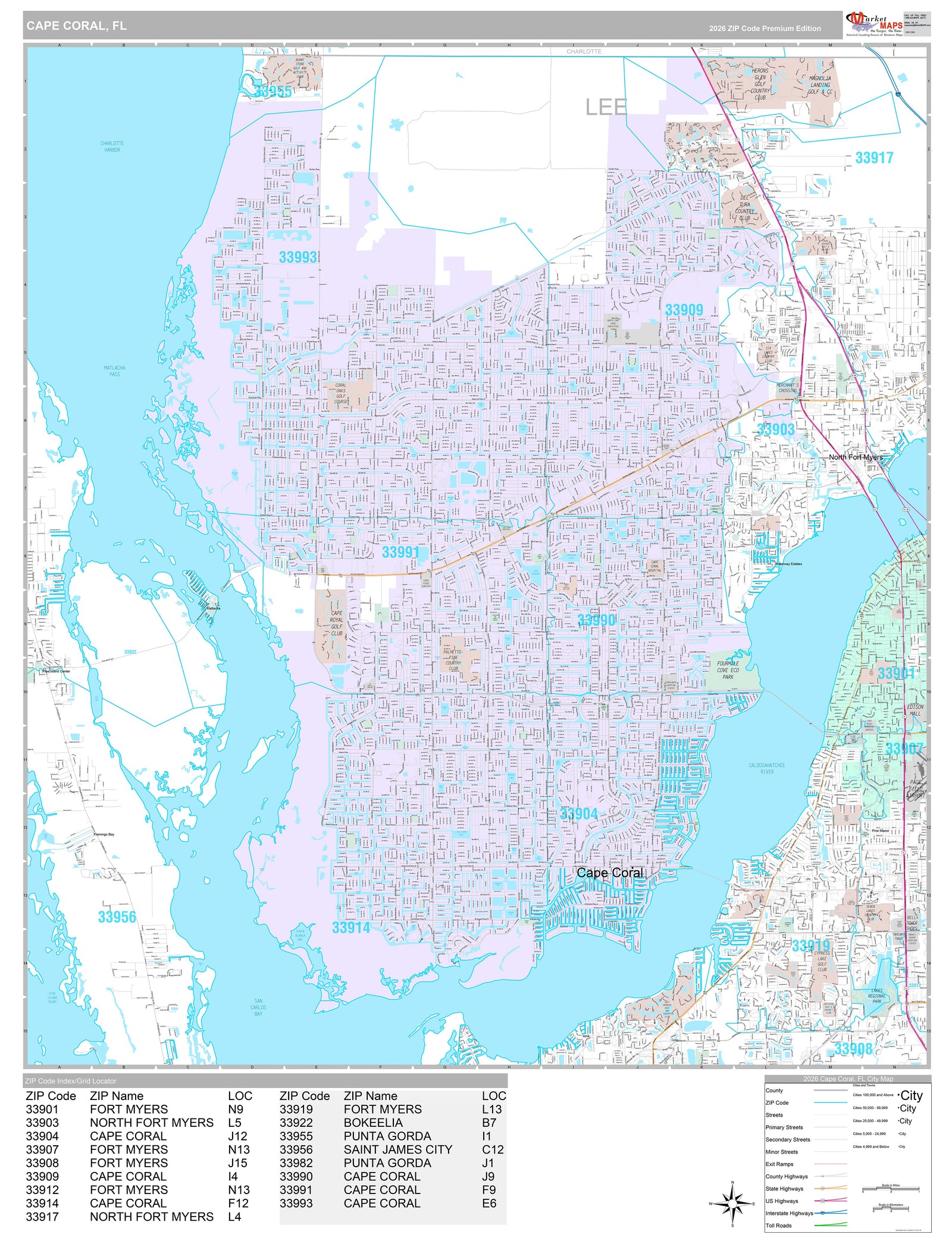 Premium Style Wall Map of Cape Coral FL.