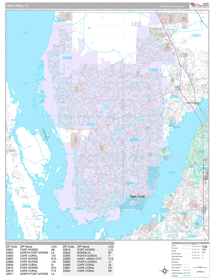 Premium Style Wall Map of Cape Coral FL.