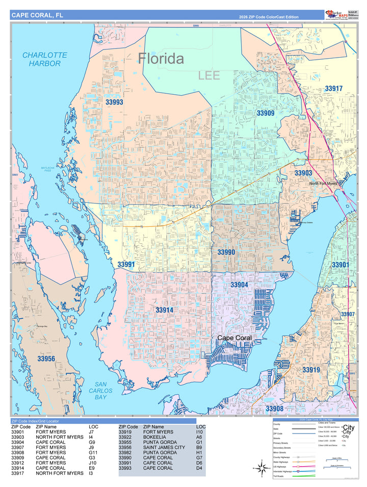 Color Cast Zip Code Style Wall Map of Cape Coral, FL – American Map Store