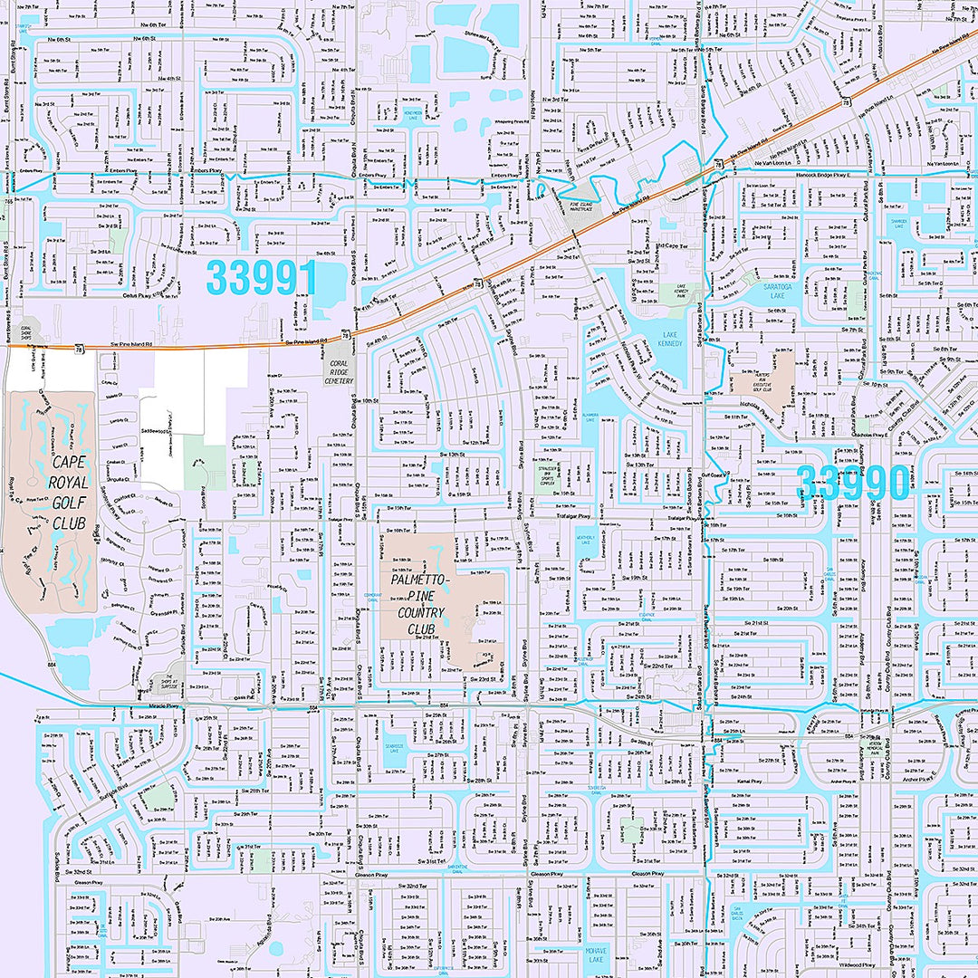 Premium Style Wall Map of Cape Coral FL.