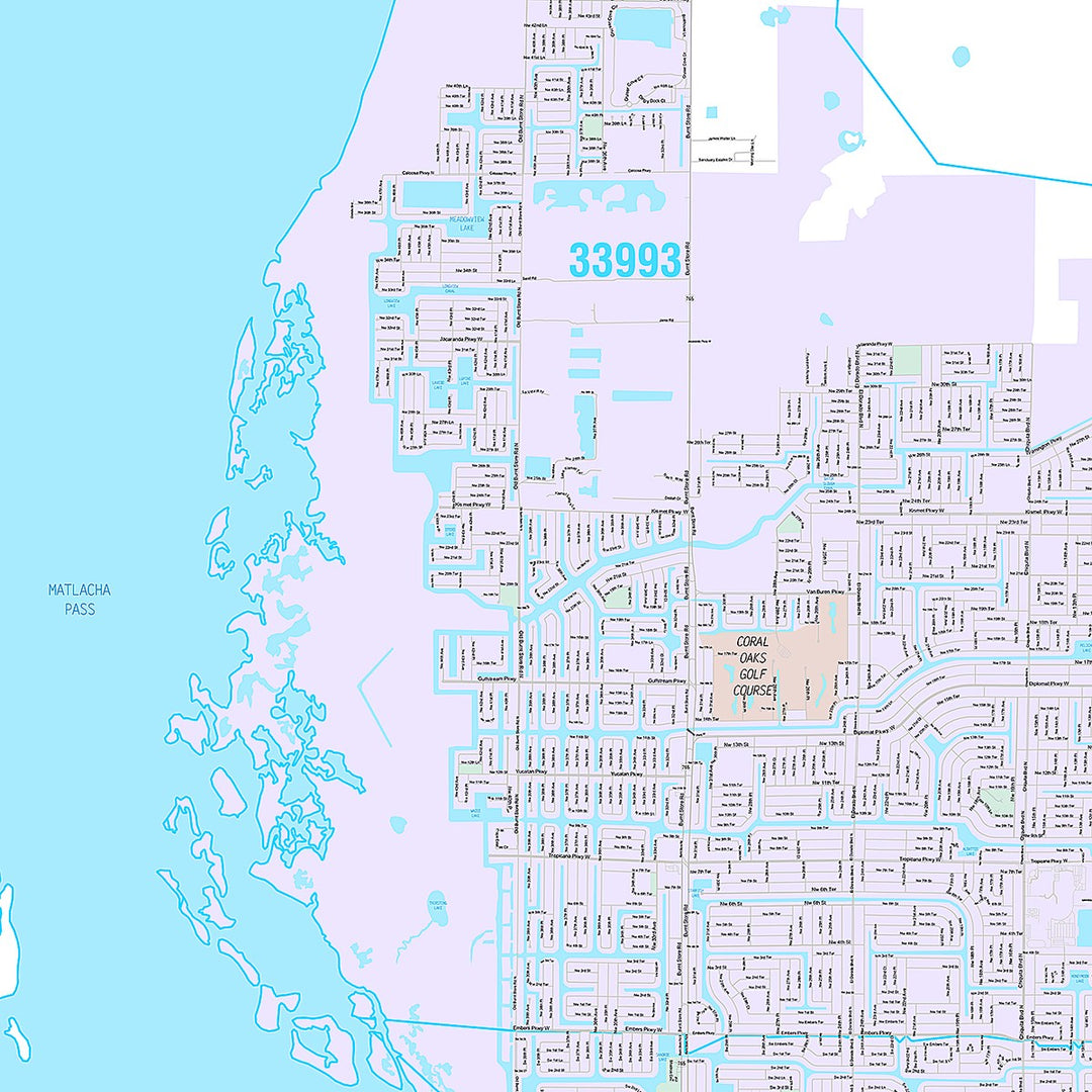 Premium Style Wall Map of Cape Coral FL.