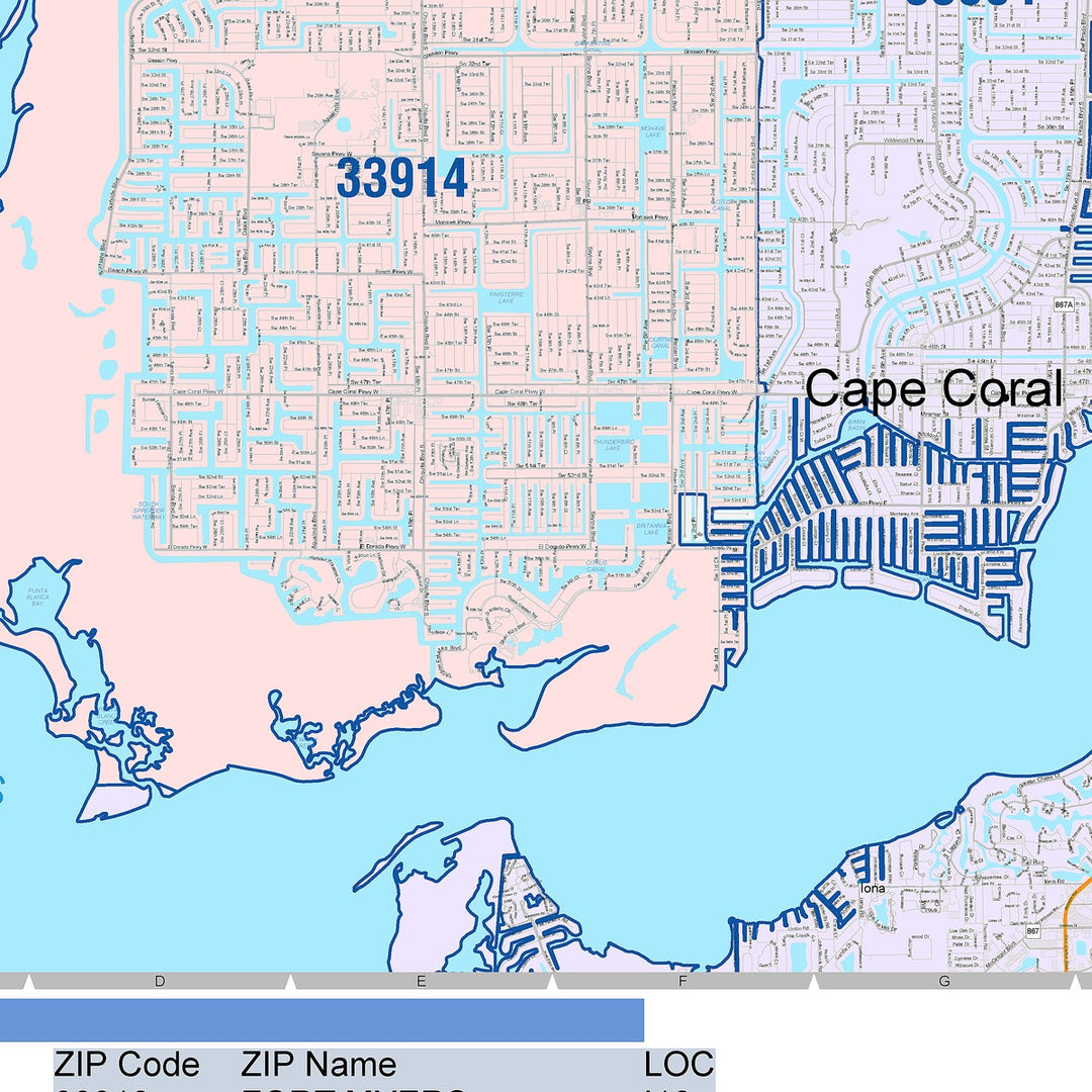 Color Cast Zip Code Style Wall Map of Cape Coral, FL – American Map Store