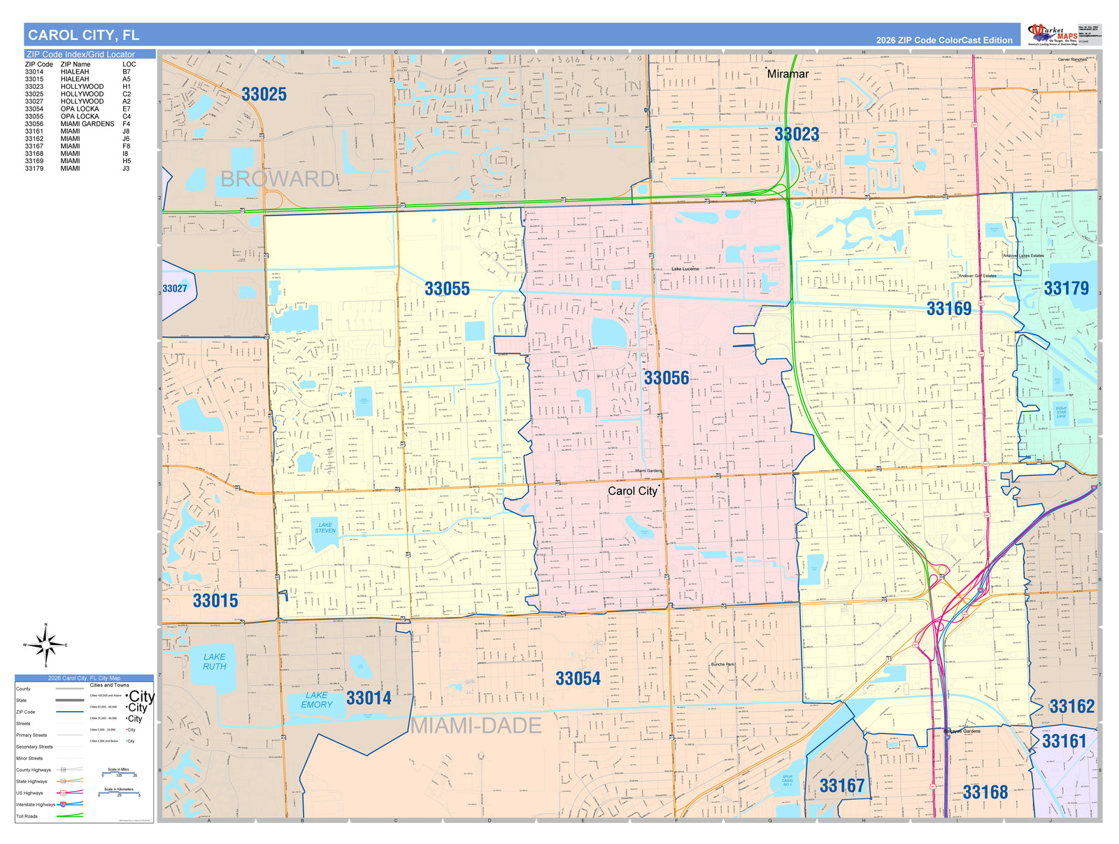 Color Cast Zip Code Style Wall Map of Carol City, FL