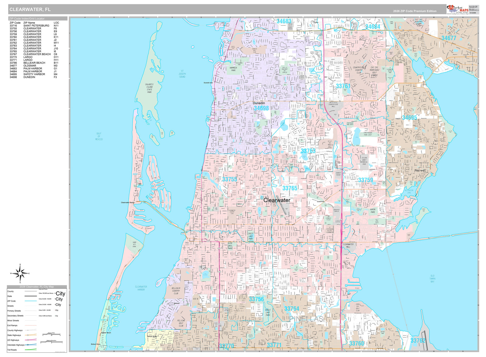 Premium Style Wall Map of Clearwater, FL