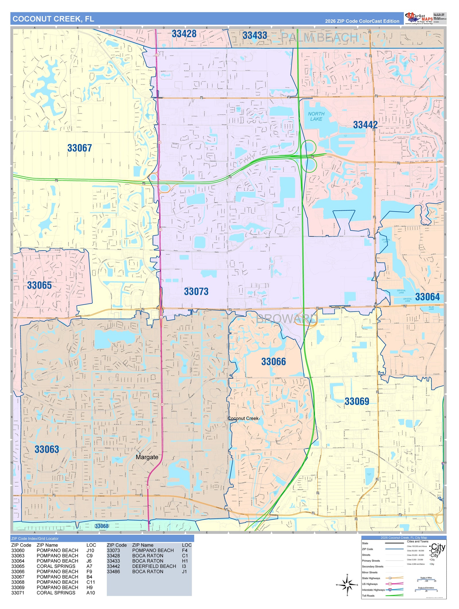 Color Cast Zip Code Style Wall Map of Coconut Creek, FL