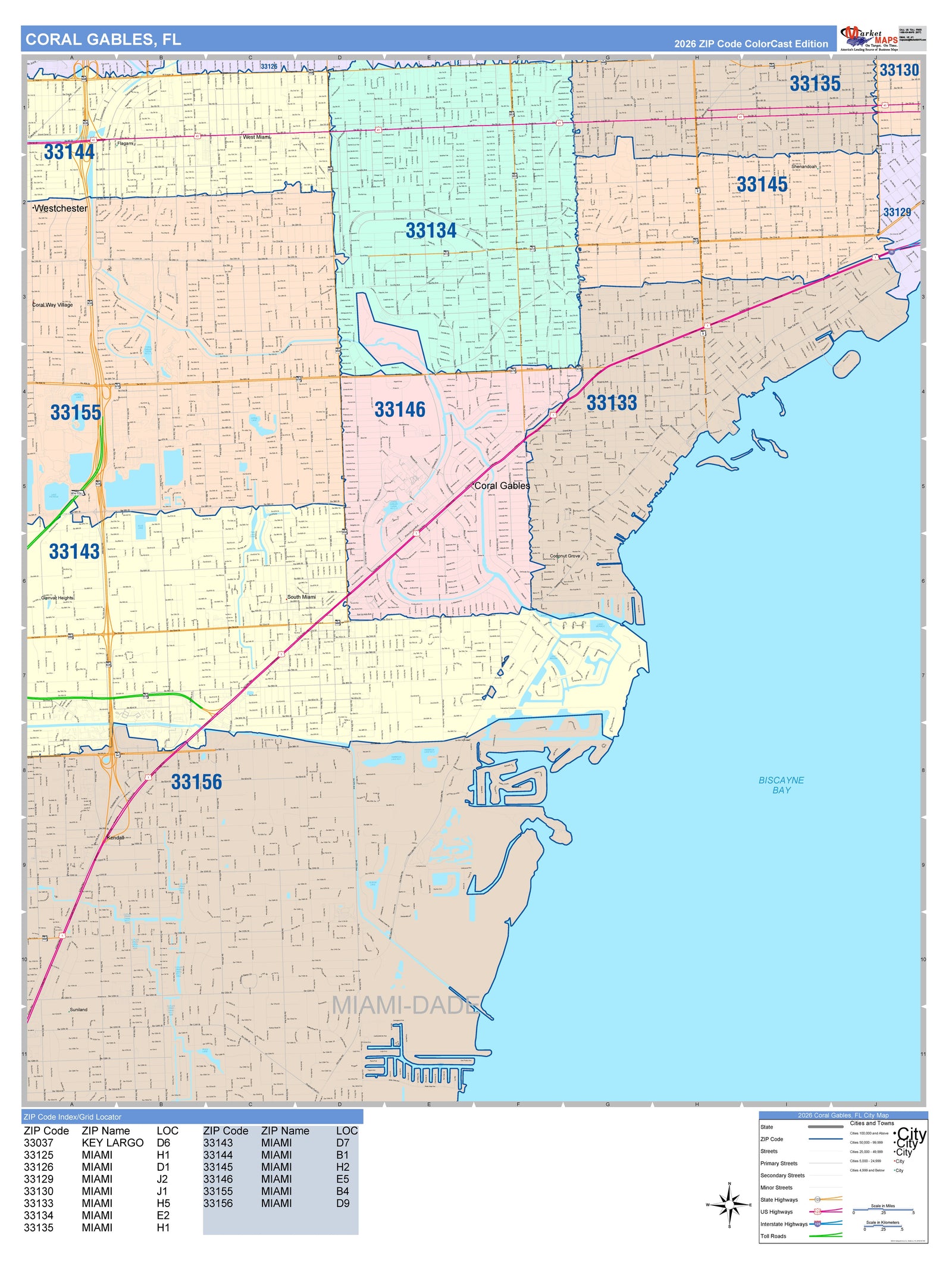Color Cast Zip Code Style Wall Map of Coral Gables, FL