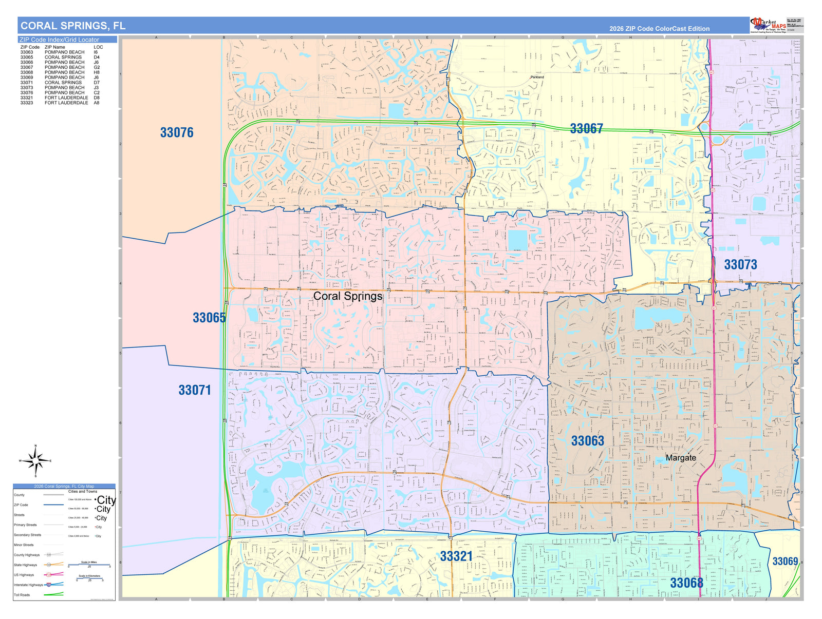 Color Cast Zip Code Style Wall Map of Coral Springs, FL