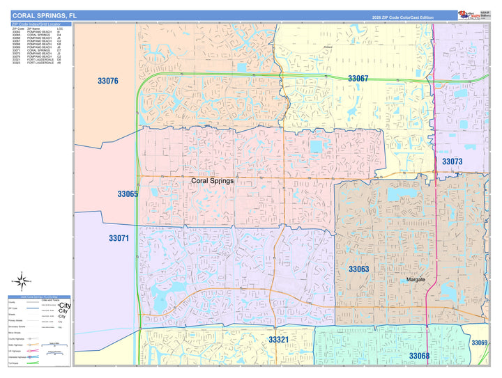 Color Cast Zip Code Style Wall Map of Coral Springs, FL