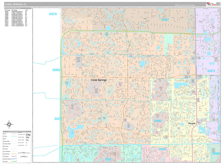 Premium Style Wall Map of Coral Springs, FL