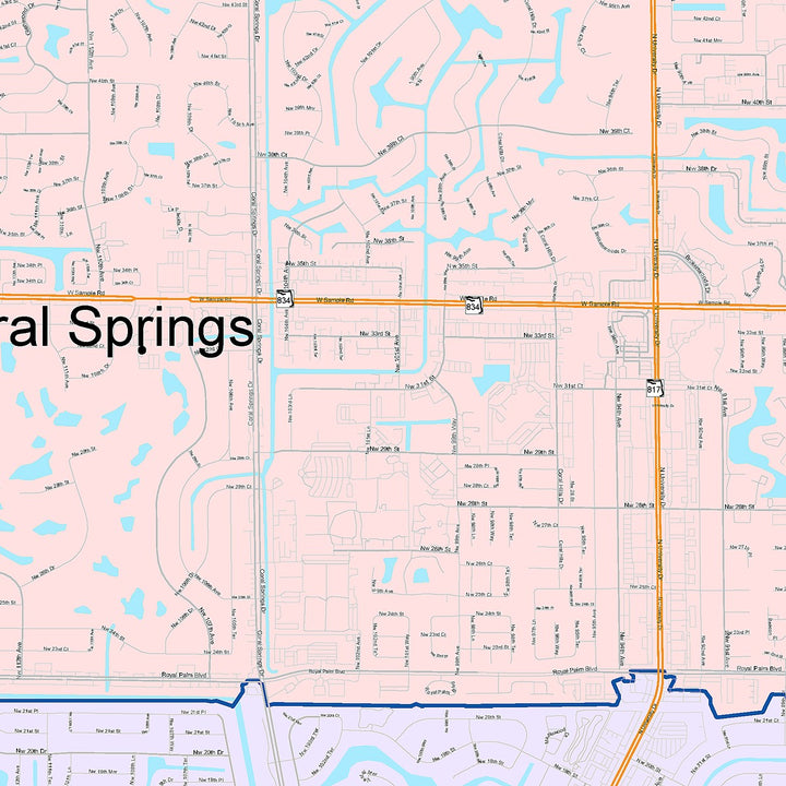 Color Cast Zip Code Style Wall Map of Coral Springs, FL