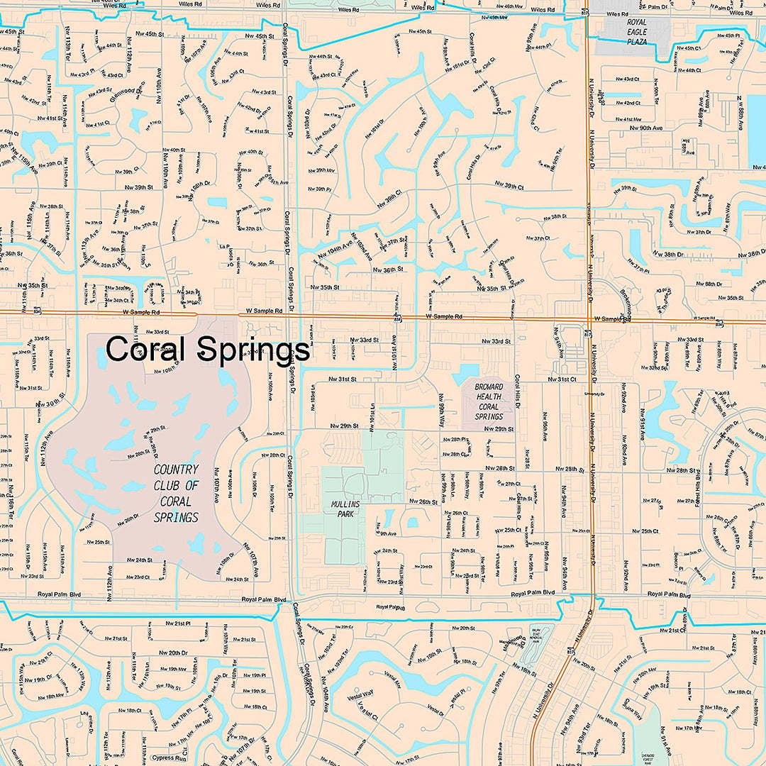 Premium Style Wall Map of Coral Springs, FL