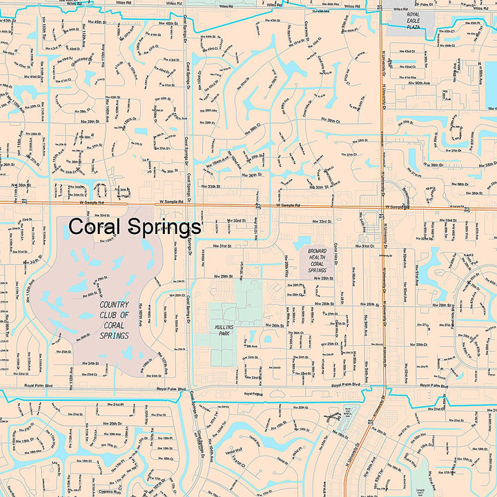 Premium Style Wall Map of Coral Springs, FL