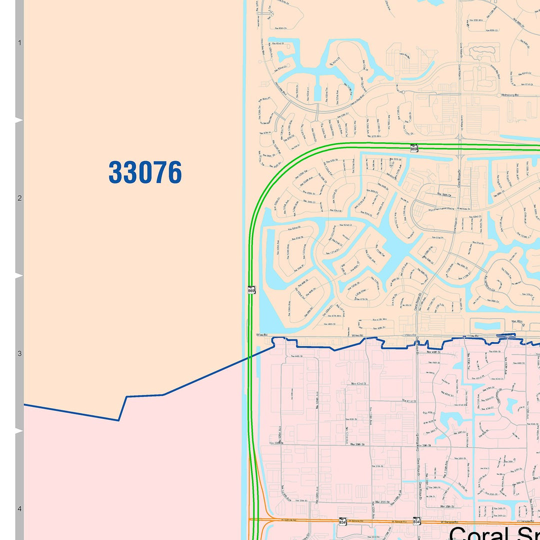 Color Cast Zip Code Style Wall Map of Coral Springs, FL