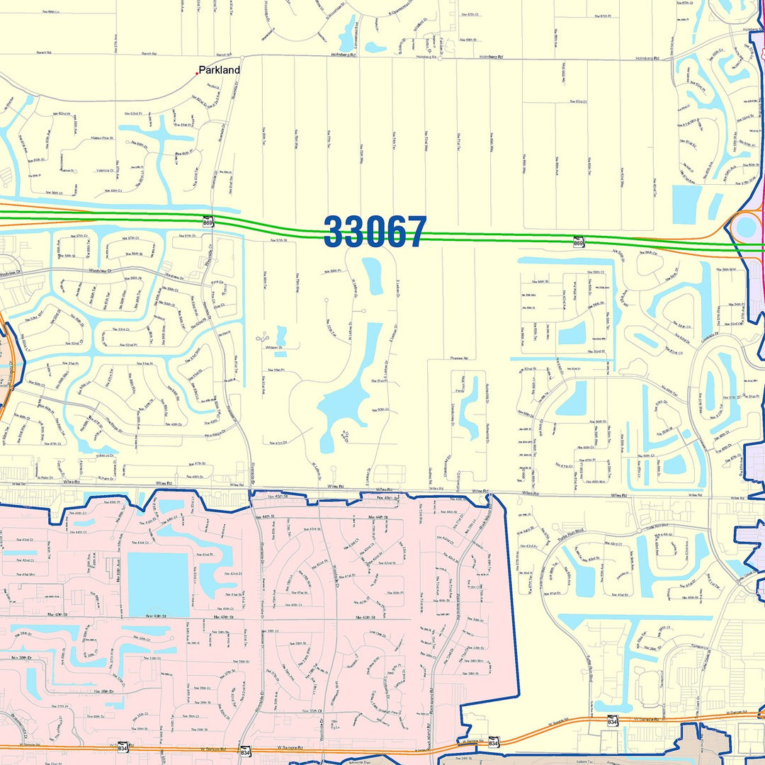 Color Cast Zip Code Style Wall Map of Coral Springs, FL