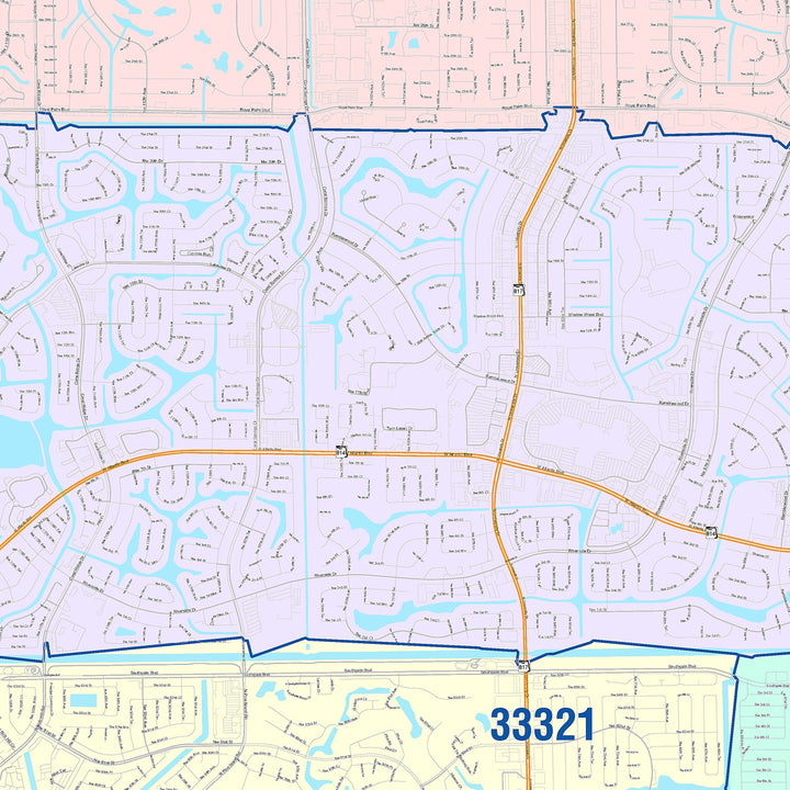 Color Cast Zip Code Style Wall Map of Coral Springs, FL