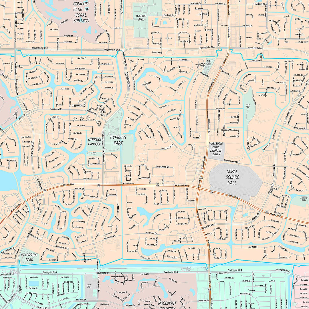 Premium Style Wall Map of Coral Springs, FL