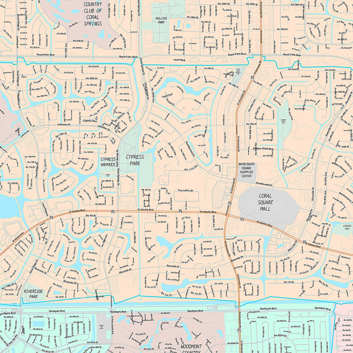 Premium Style Wall Map of Coral Springs, FL