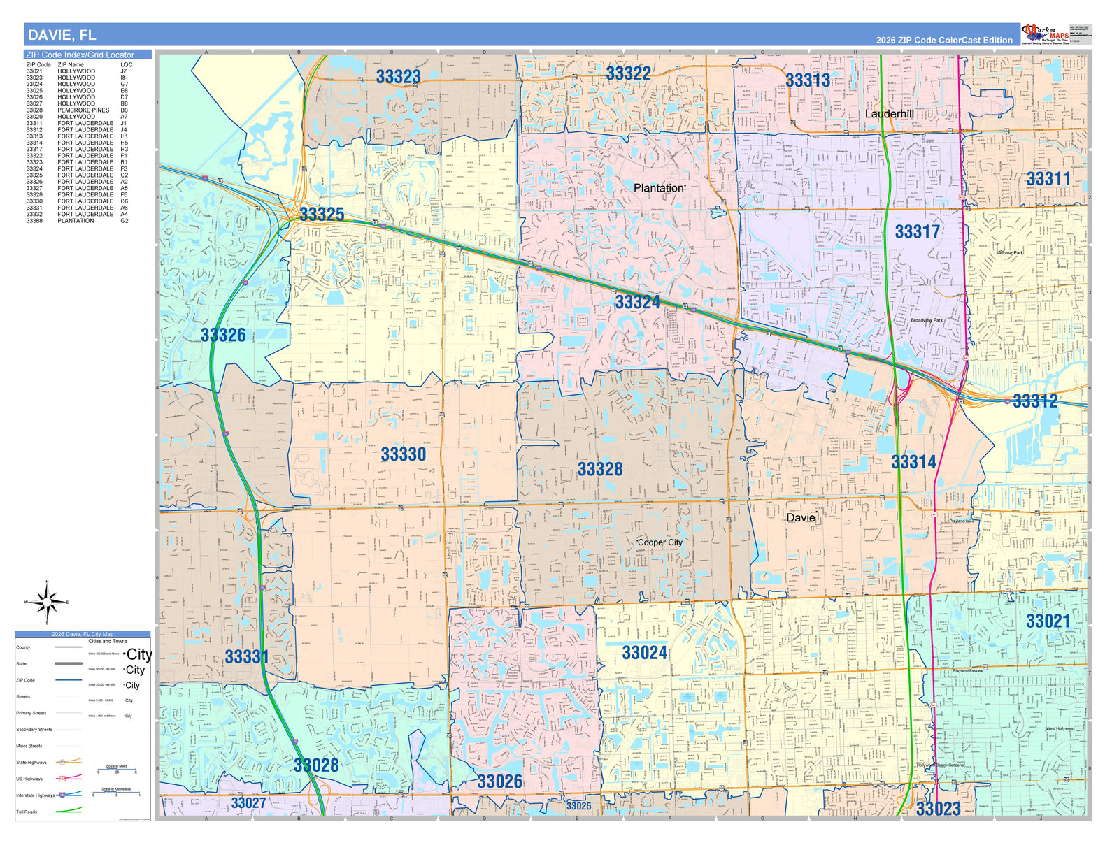 Color Cast Zip Code Style Wall Map of Davie, FL