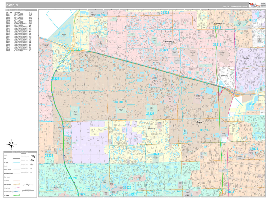 Premium Style Wall Map of Davie, FL