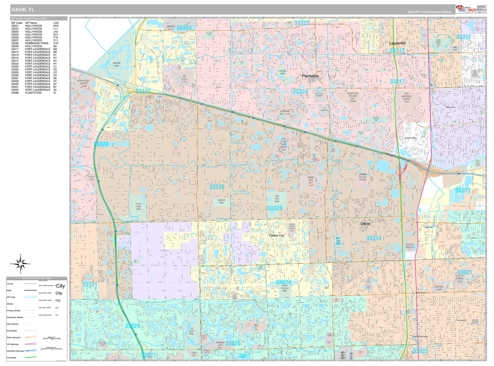 Premium Style Wall Map of Davie, FL