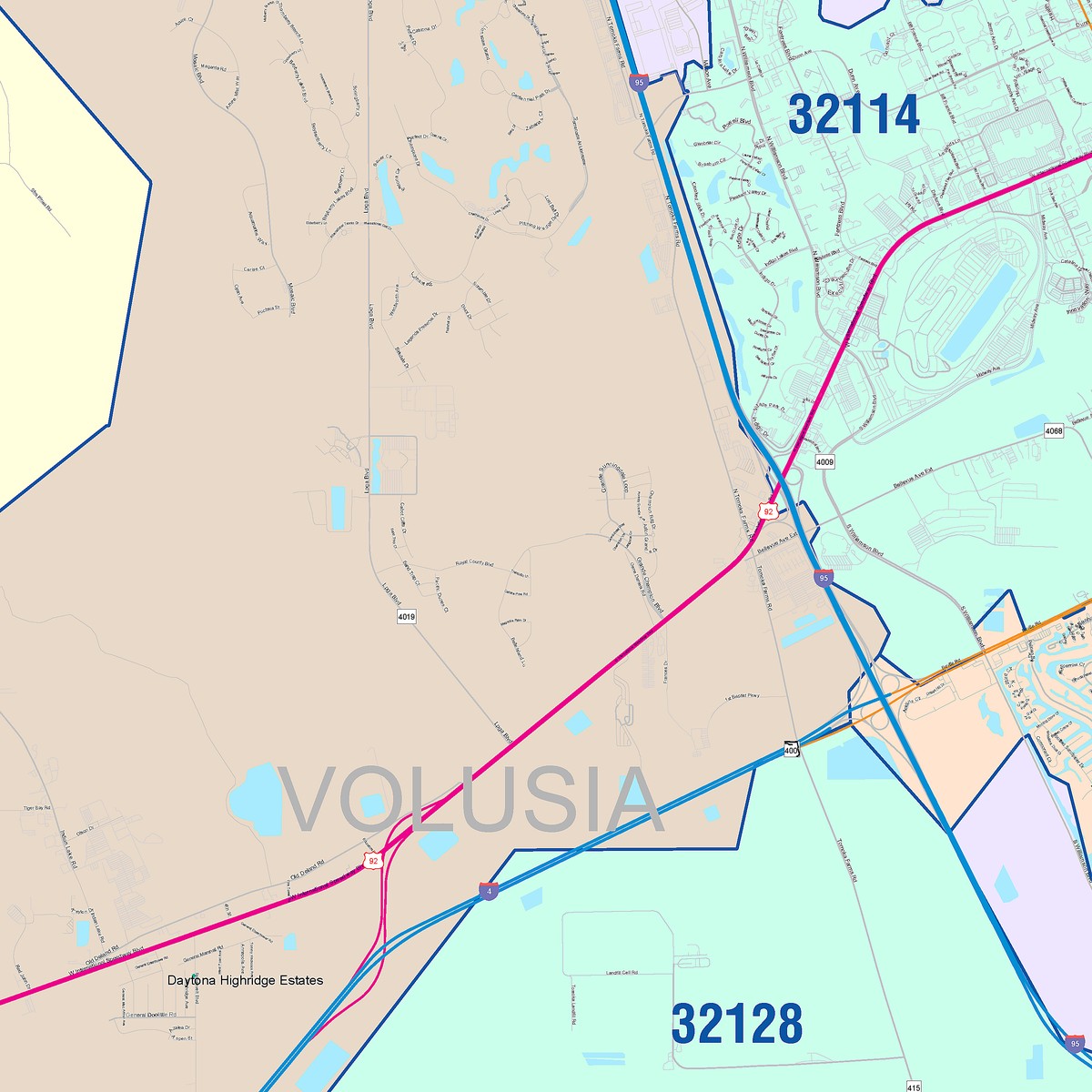 Color Cast Zip Code Style Wall Map of Daytona Beach, FL