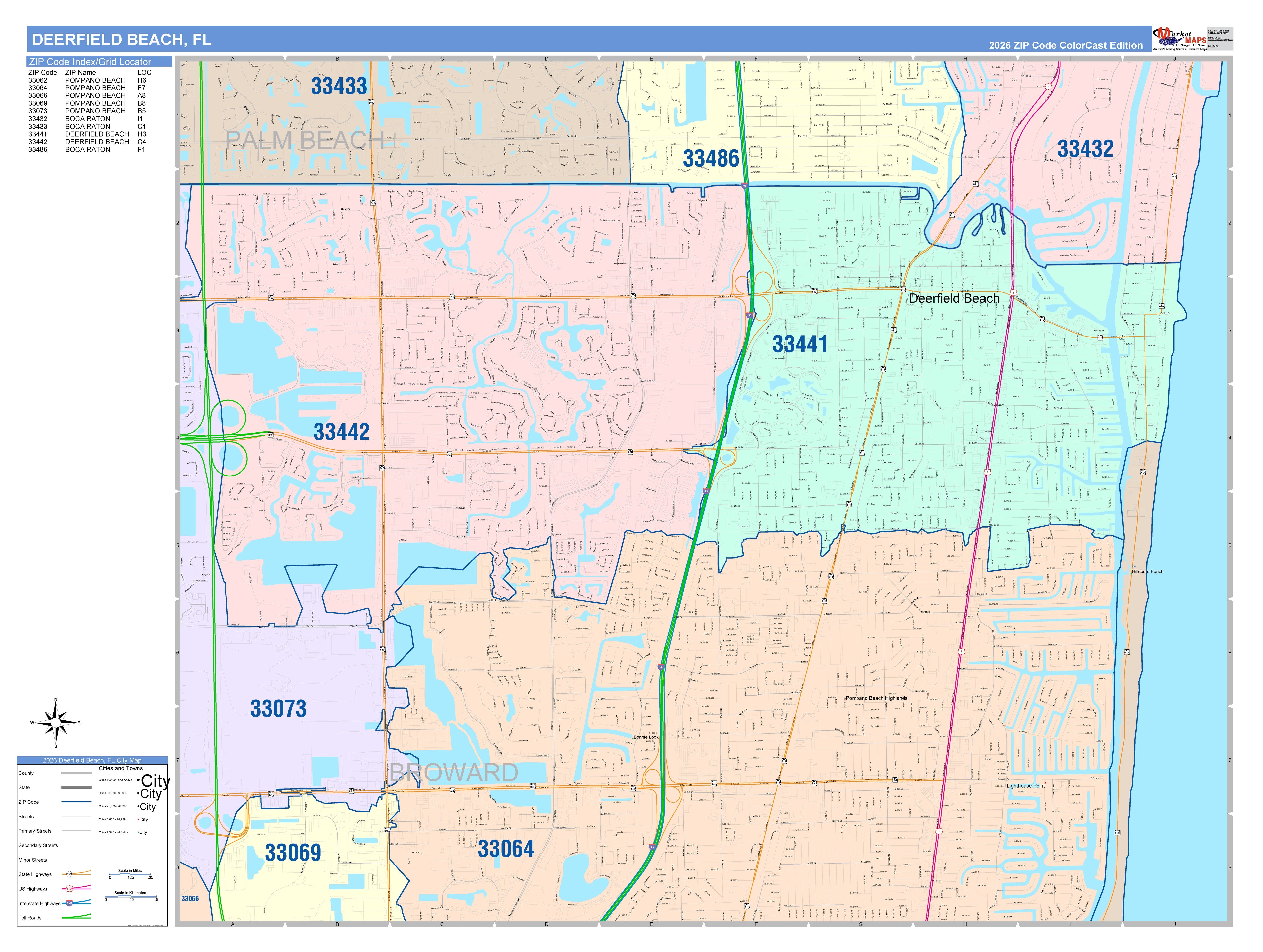 Color Cast Zip Code Style Wall Map of Deerfield Beach, FL – American ...