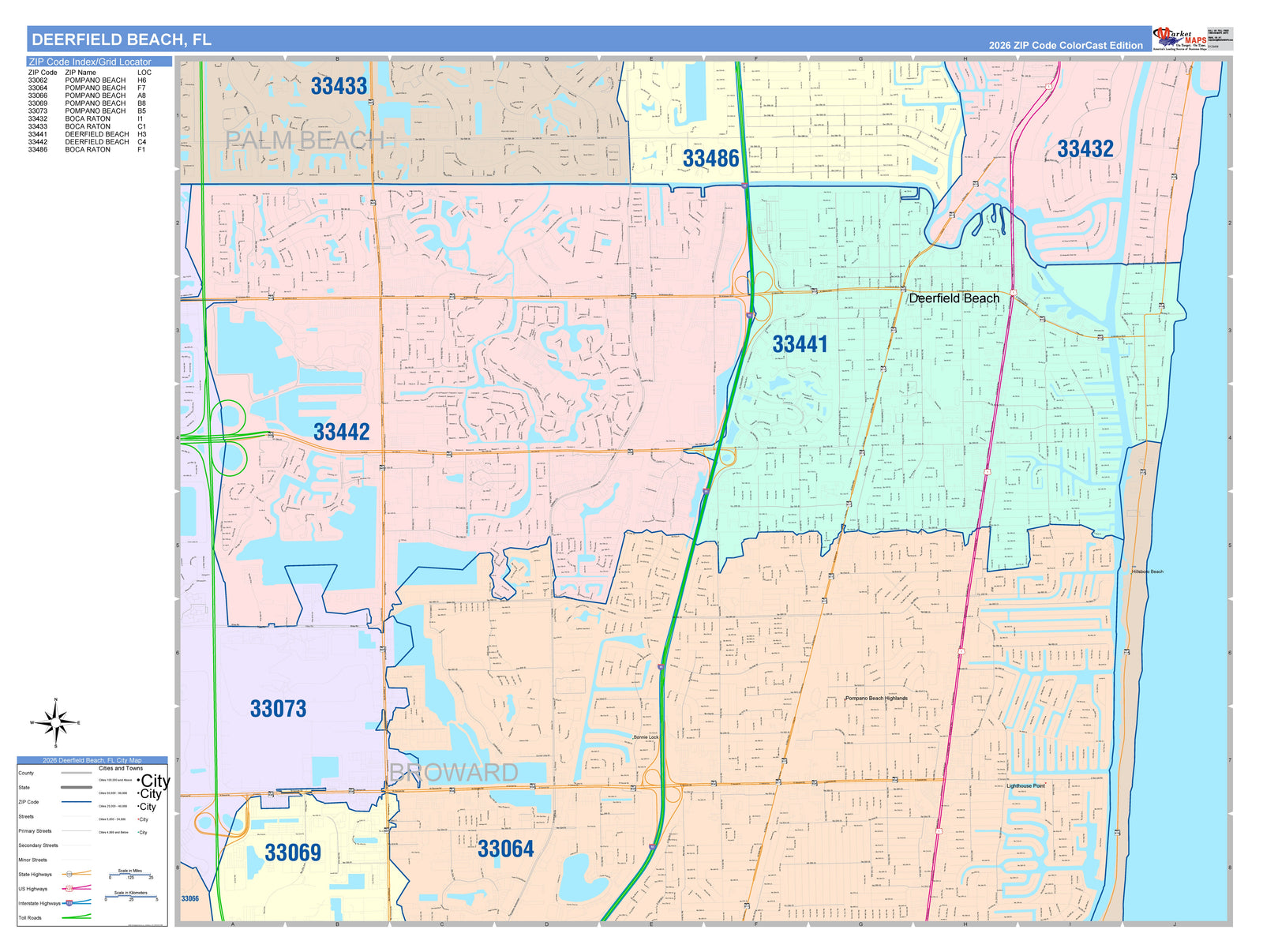 Color Cast Zip Code Style Wall Map of Deerfield Beach, FL