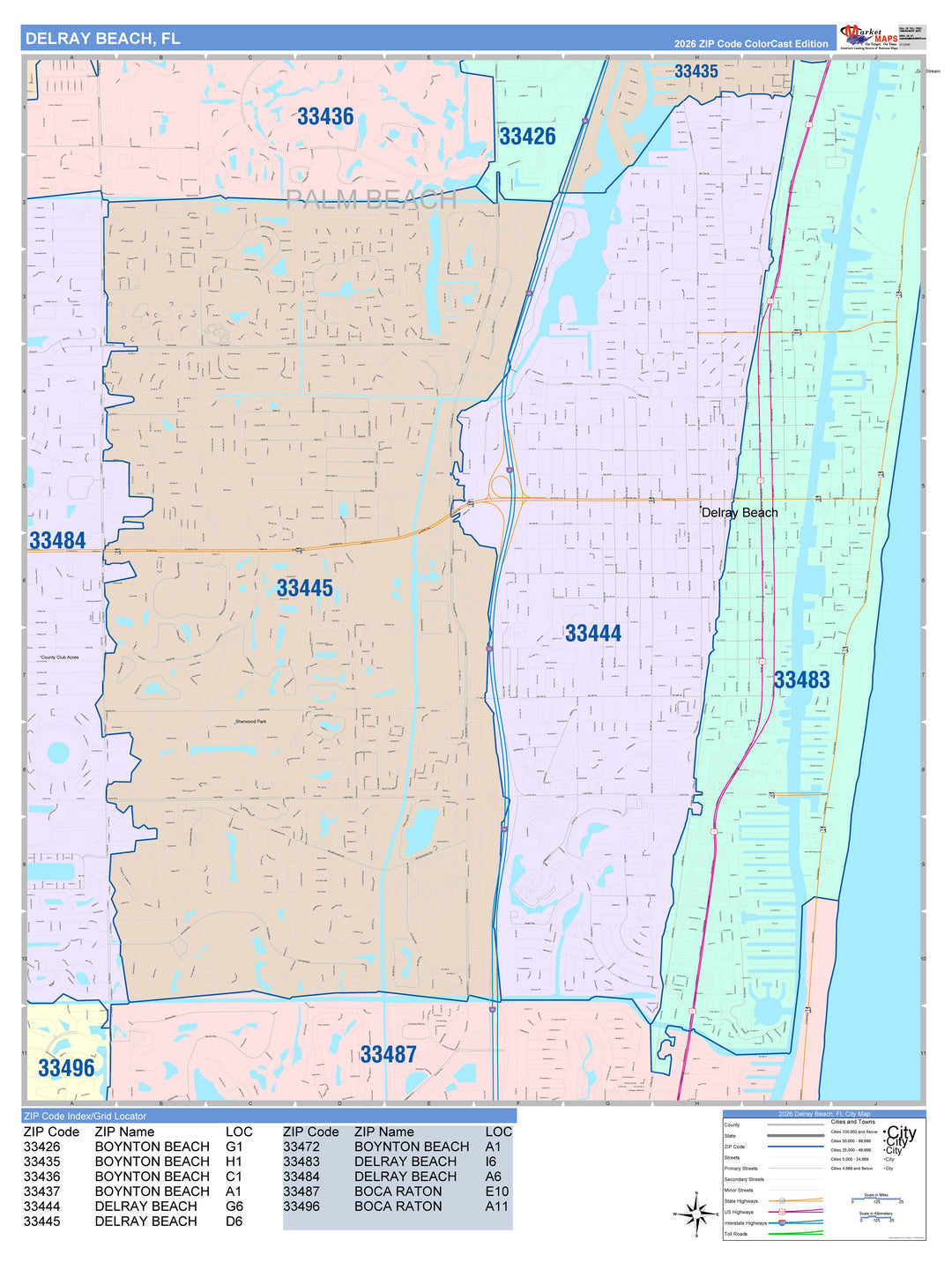 Color Cast Zip Code Style Wall Map of Delray Beach, FL – American Map Store