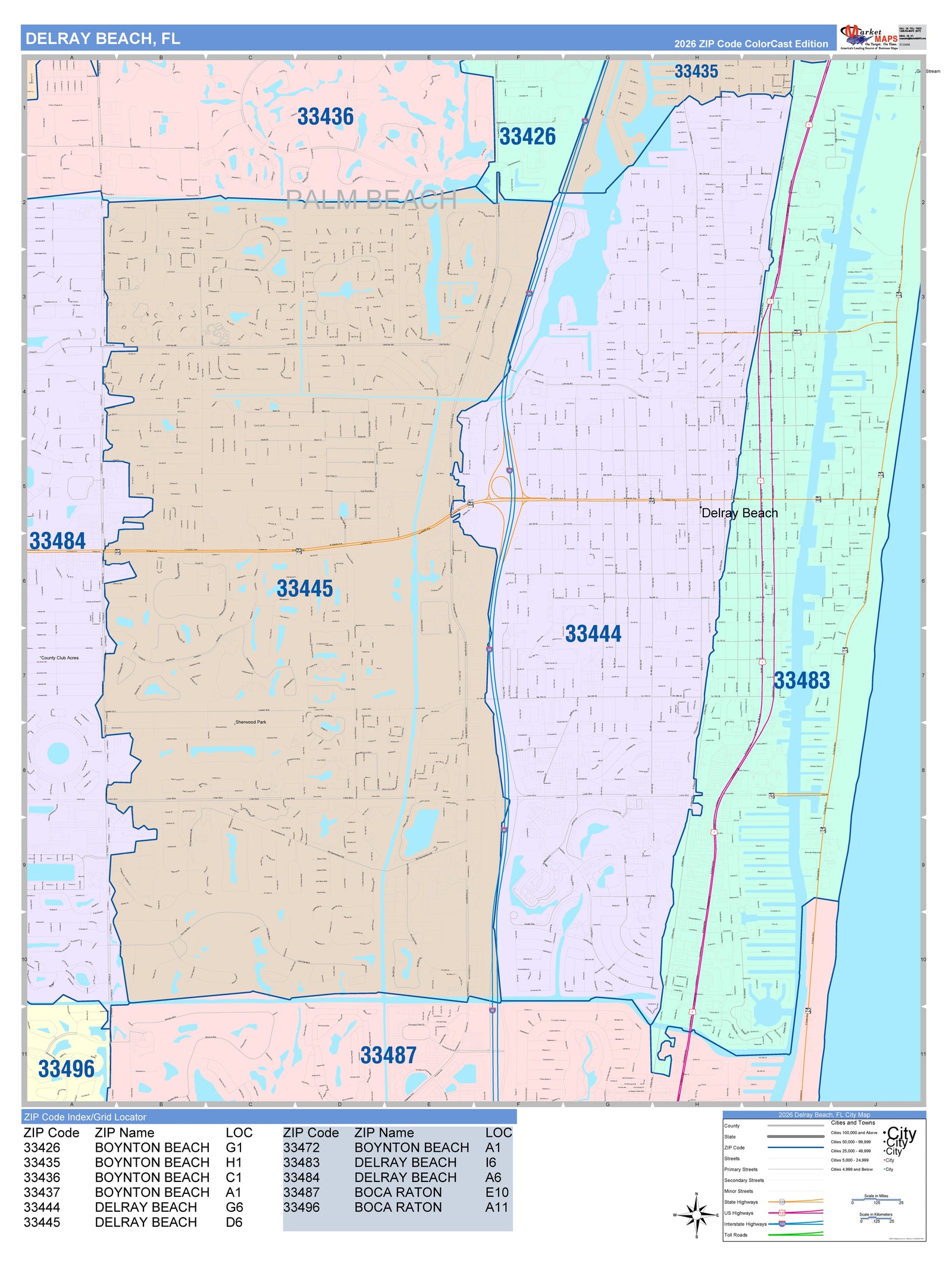 Color Cast Zip Code Style Wall Map of Delray Beach, FL