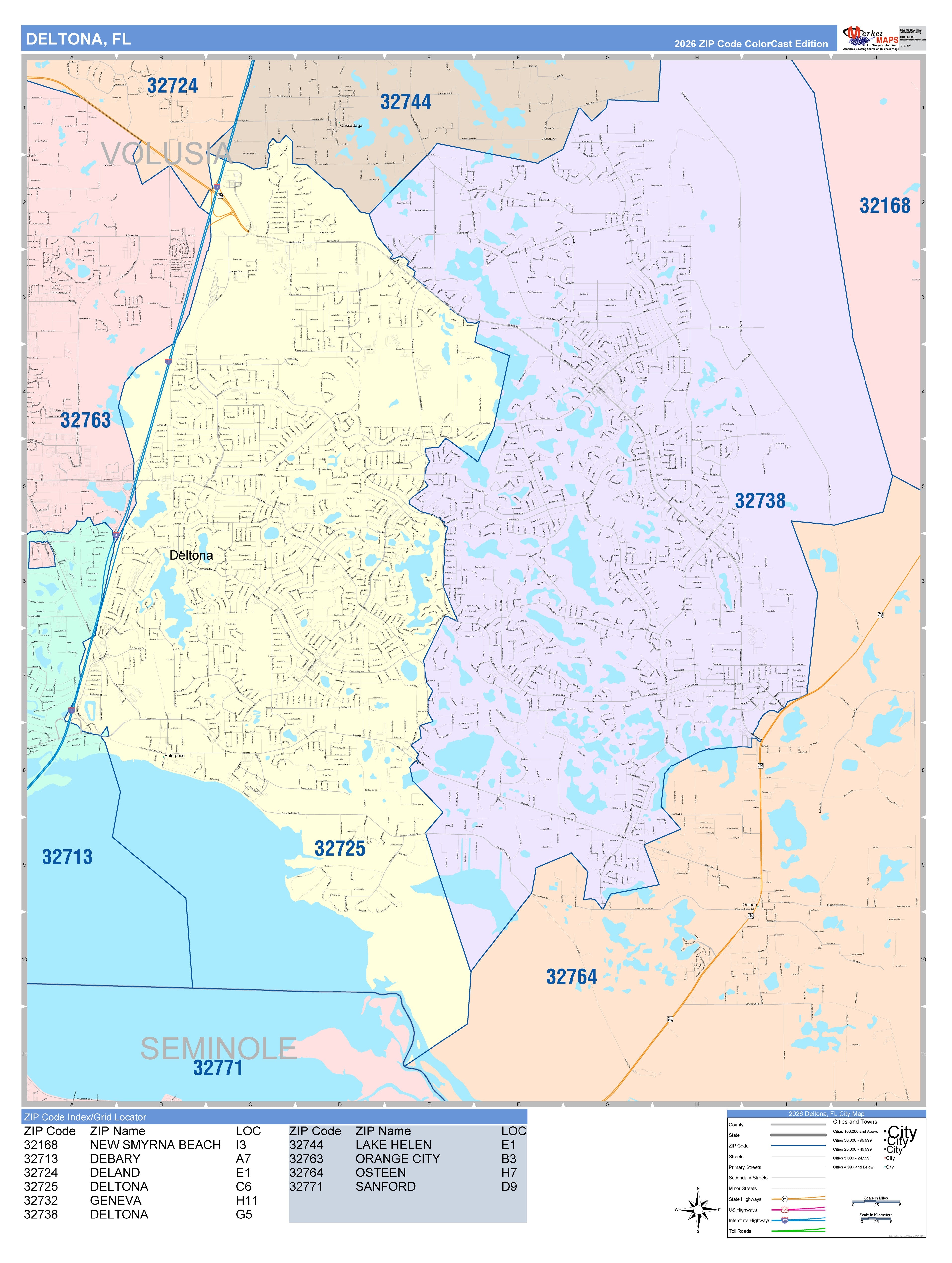 Color Cast Zip Code Style Wall Map of Deltona, FL – American Map Store