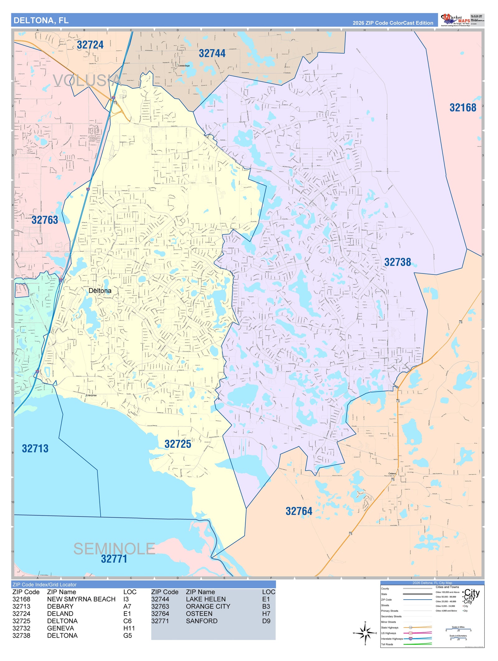 Color Cast Zip Code Style Wall Map of Deltona, FL