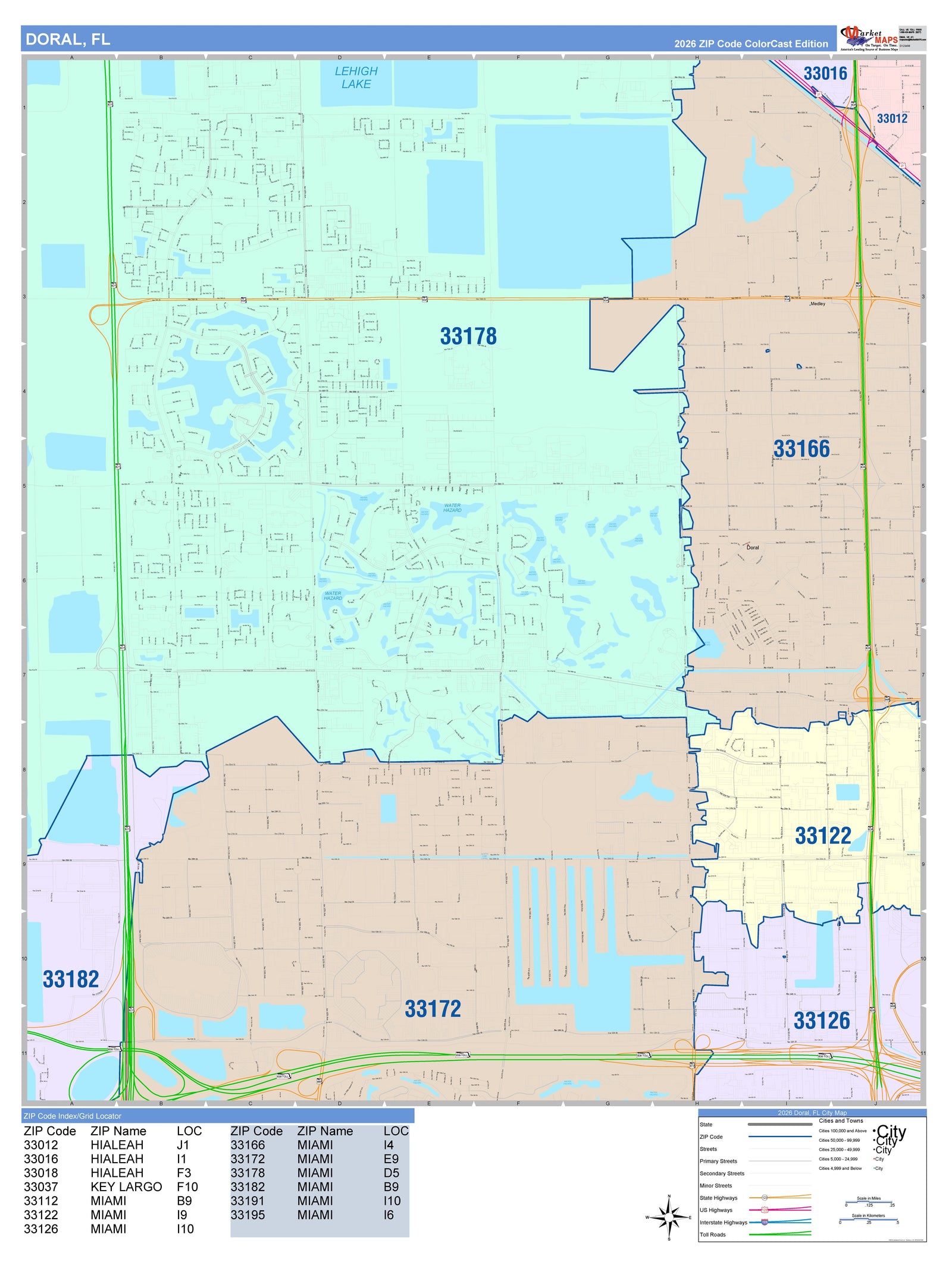 Color Cast Zip Code Style Wall Map of Doral, FL