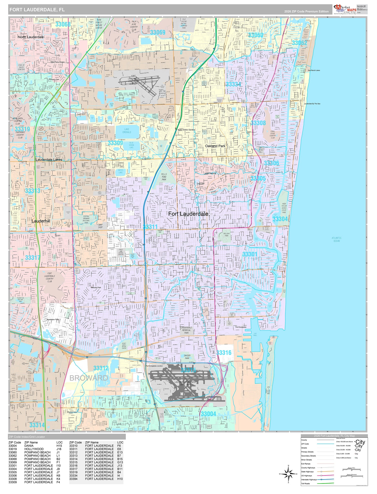 Premium Style Wall Map of Fort Lauderdale FL.