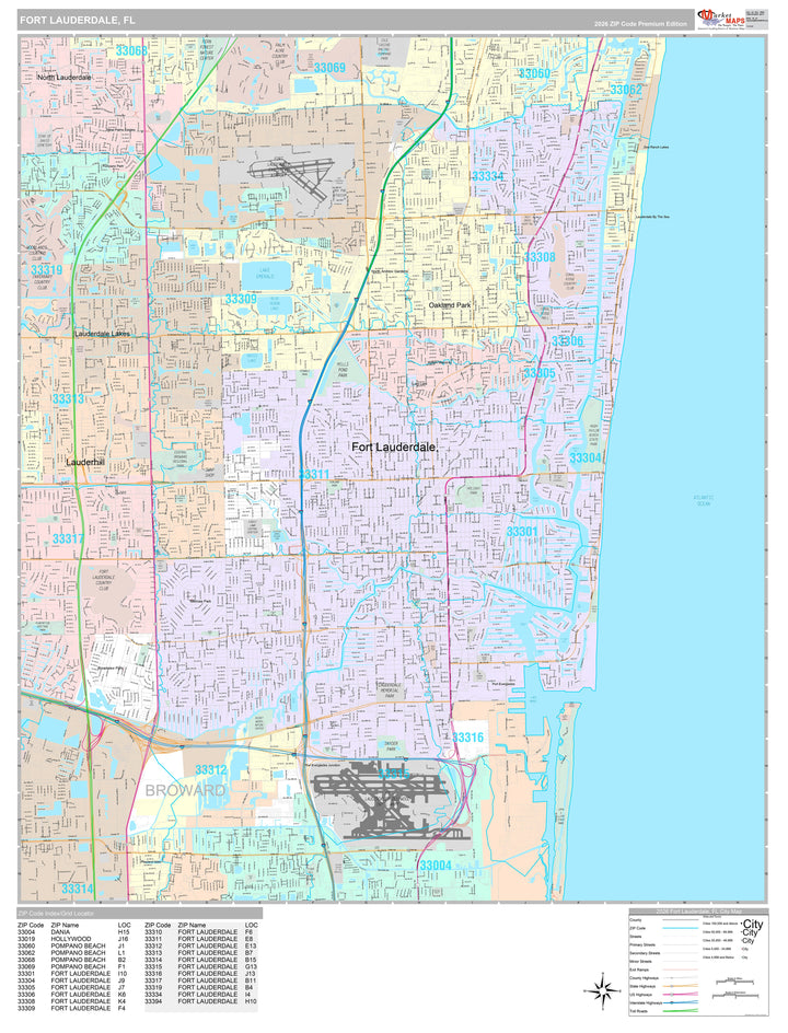 Premium Style Wall Map of Fort Lauderdale FL.