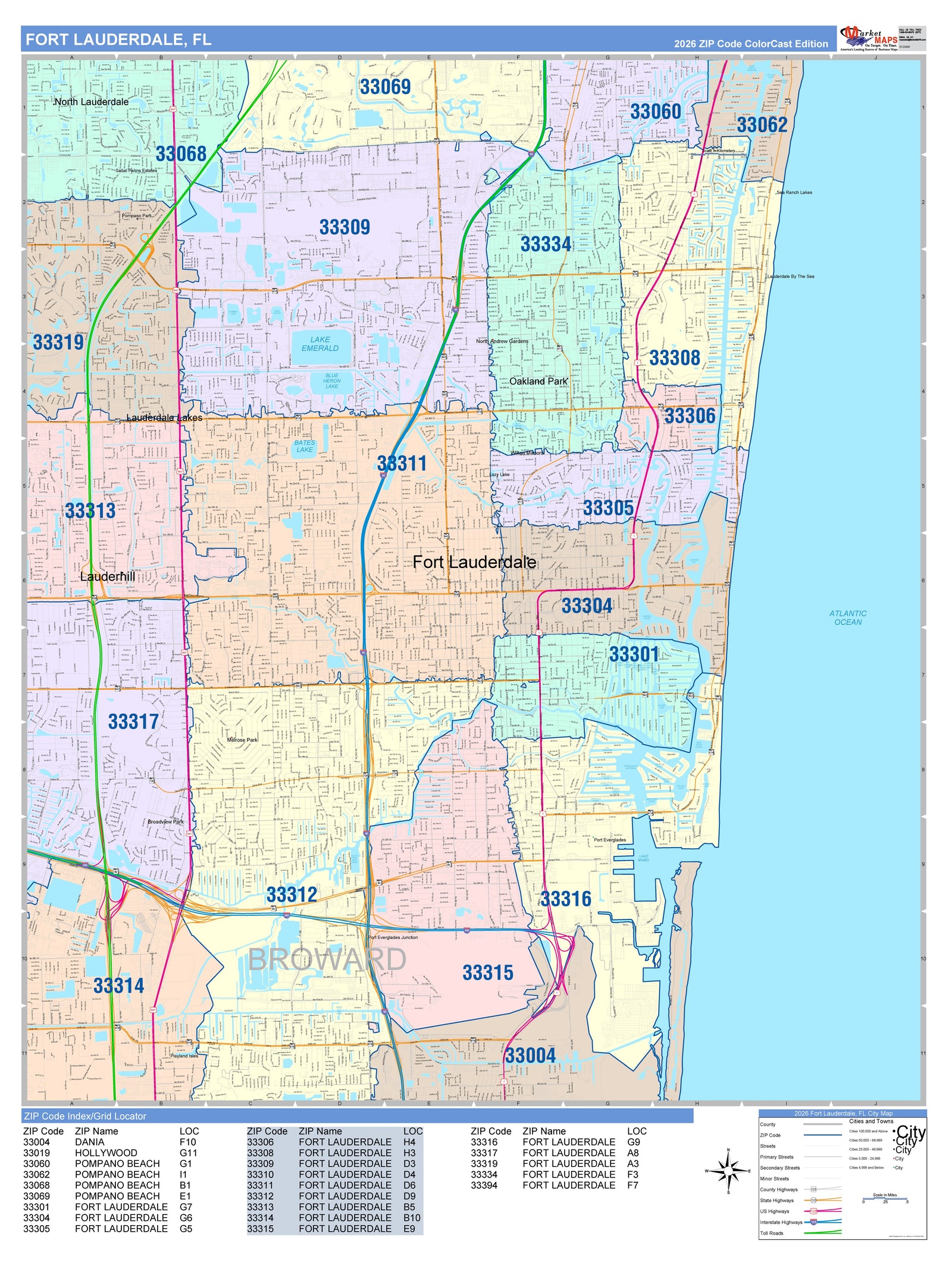 Color Cast Zip Code Style Wall Map of Fort Lauderdale, FL
