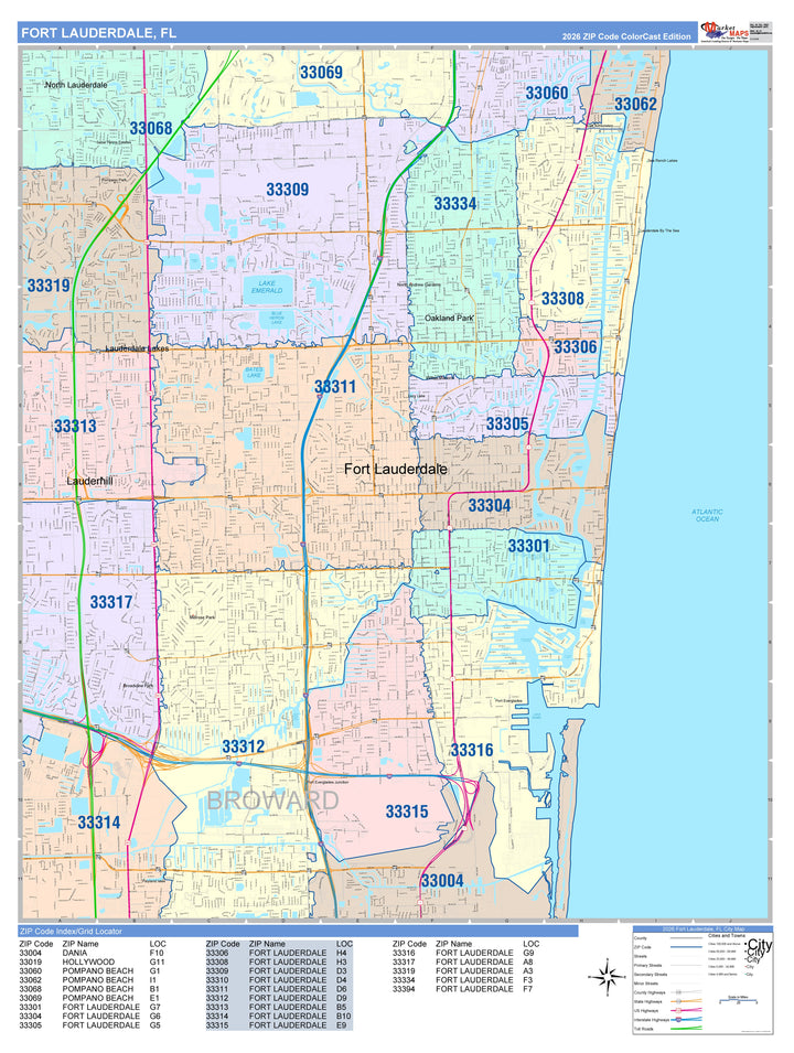 Color Cast Zip Code Style Wall Map of Fort Lauderdale, FL – American ...