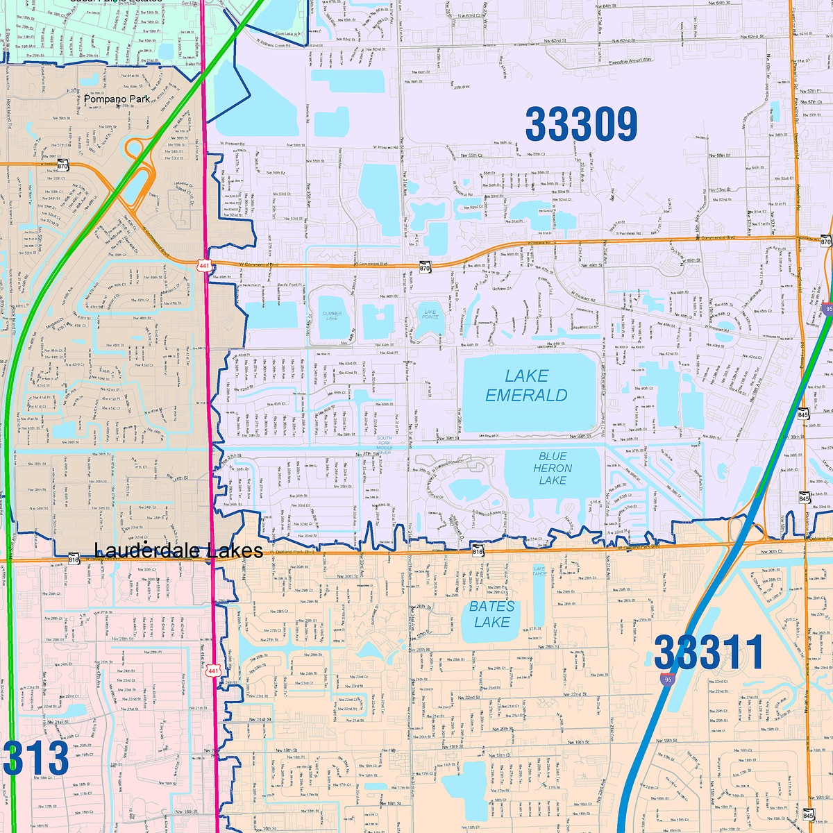 Color Cast Zip Code Style Wall Map of Fort Lauderdale, FL – American ...