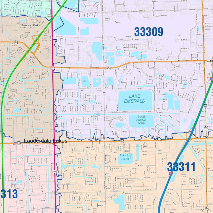 Color Cast Zip Code Style Wall Map of Fort Lauderdale, FL