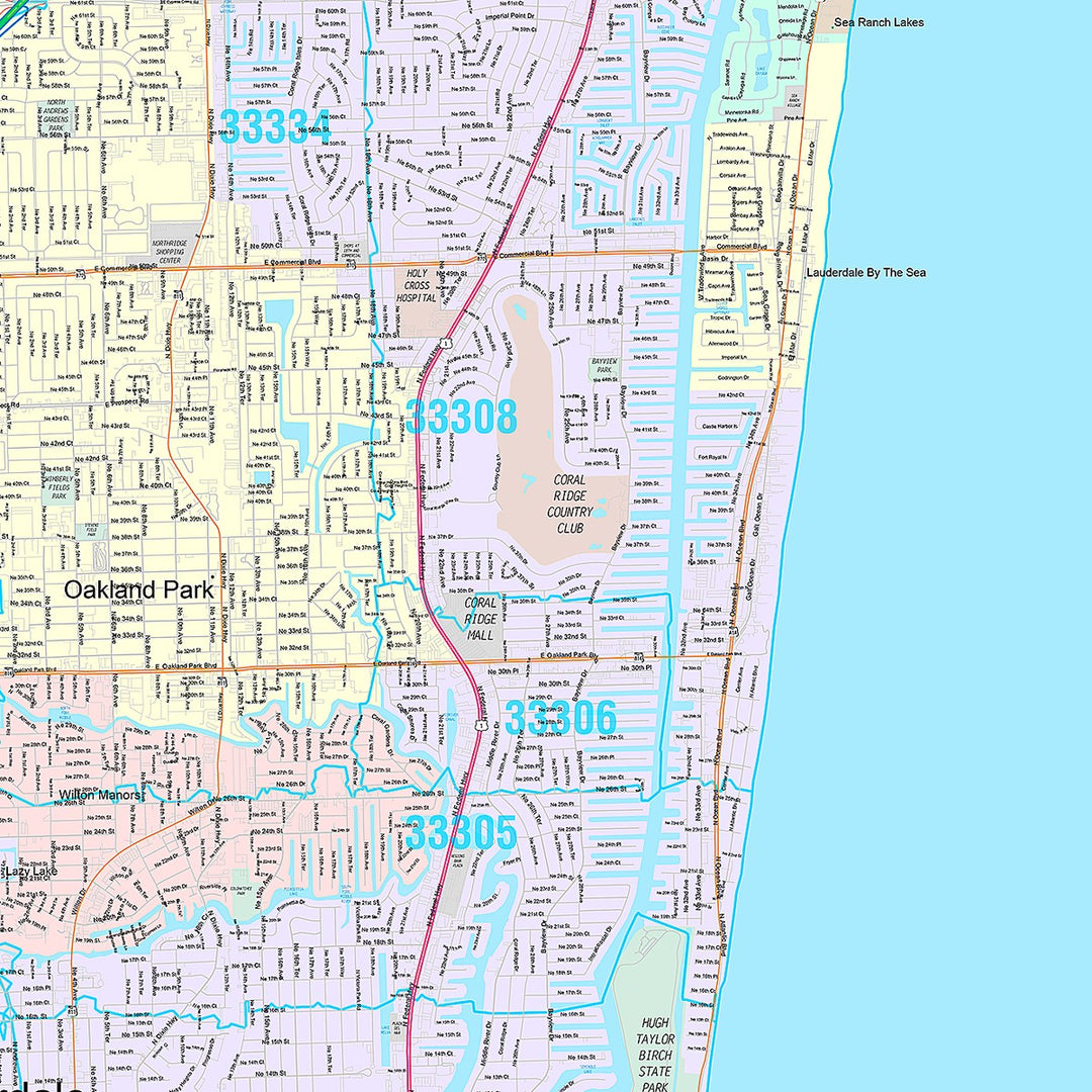 Premium Style Wall Map of Fort Lauderdale FL.