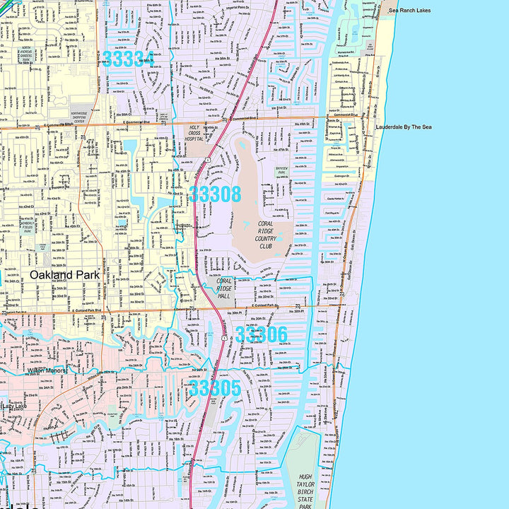 Premium Style Wall Map of Fort Lauderdale FL.