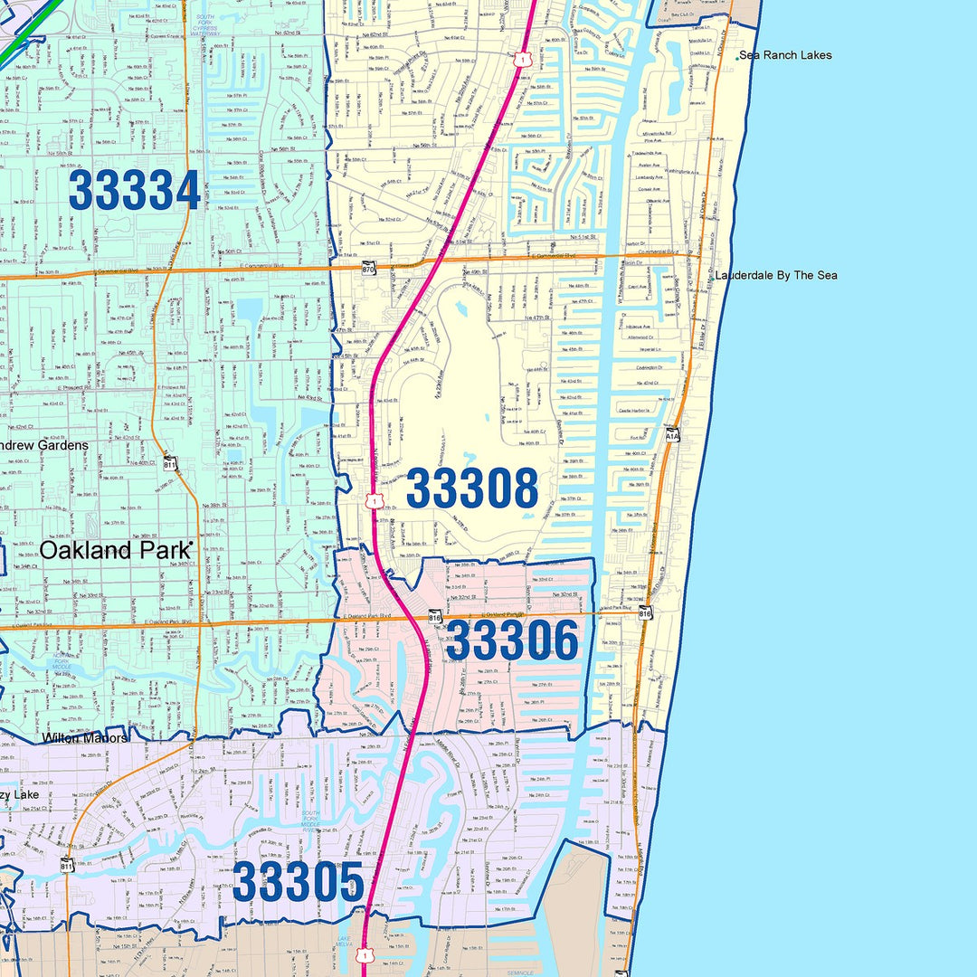 Color Cast Zip Code Style Wall Map of Fort Lauderdale, FL – American ...
