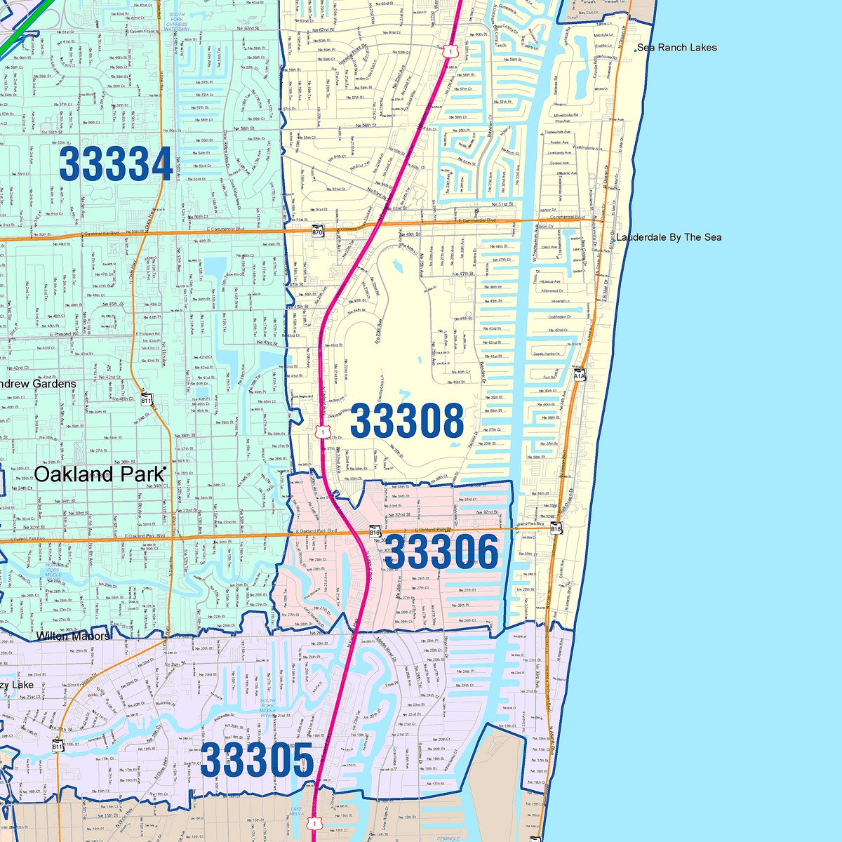 Color Cast Zip Code Style Wall Map of Fort Lauderdale, FL – American ...