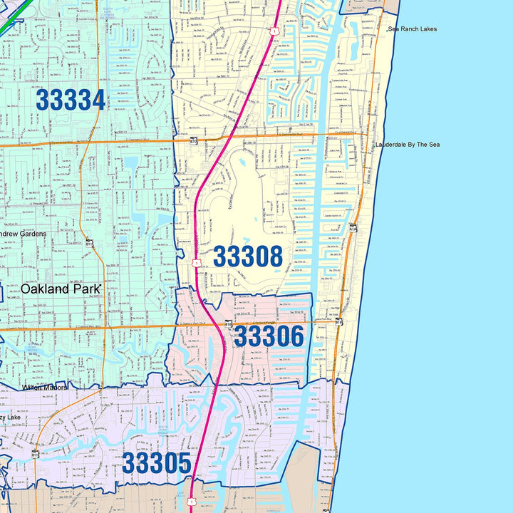 Color Cast Zip Code Style Wall Map of Fort Lauderdale, FL