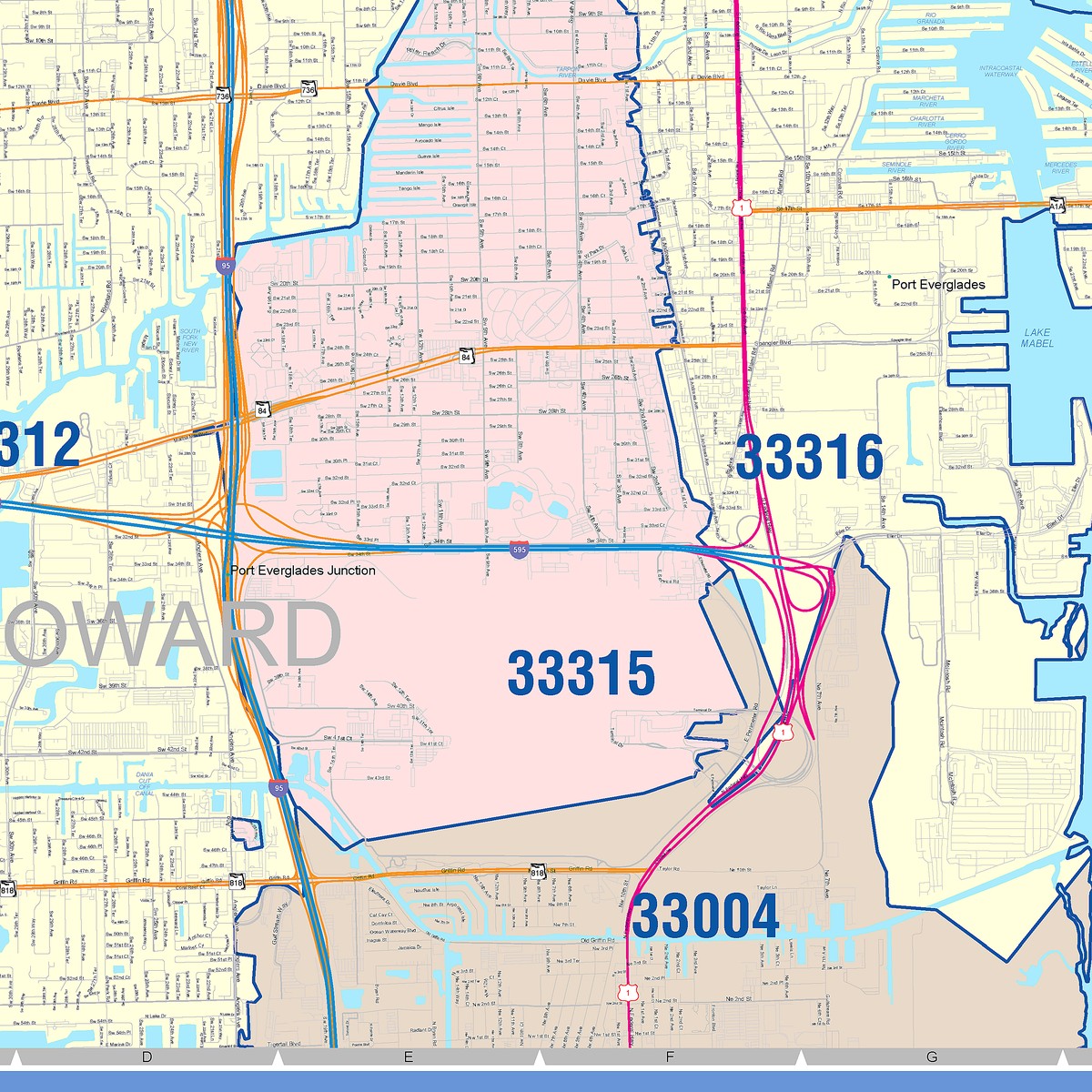Color Cast Zip Code Style Wall Map of Fort Lauderdale, FL – American ...