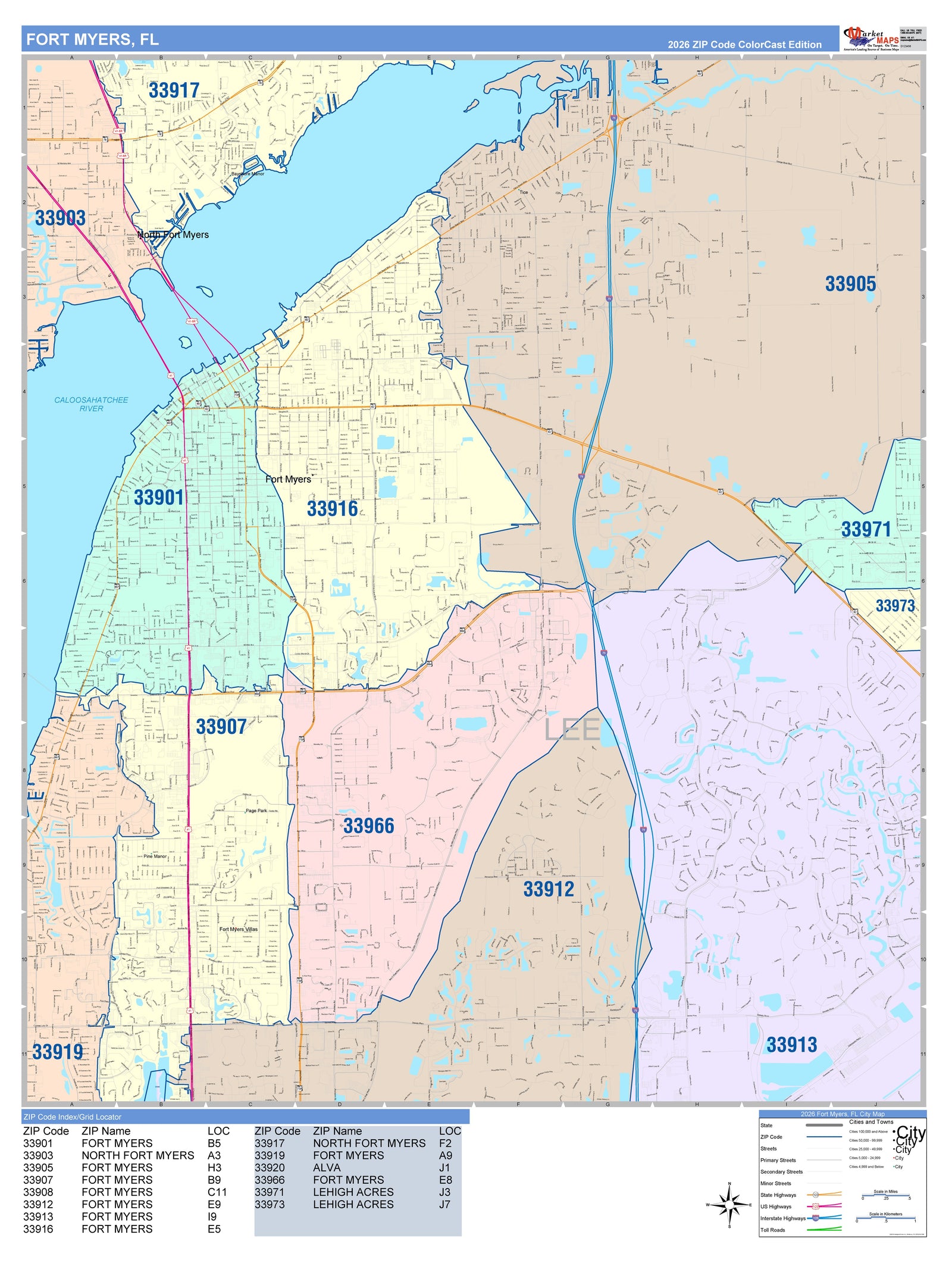 Color Cast Zip Code Style Wall Map of Fort Myers, FL