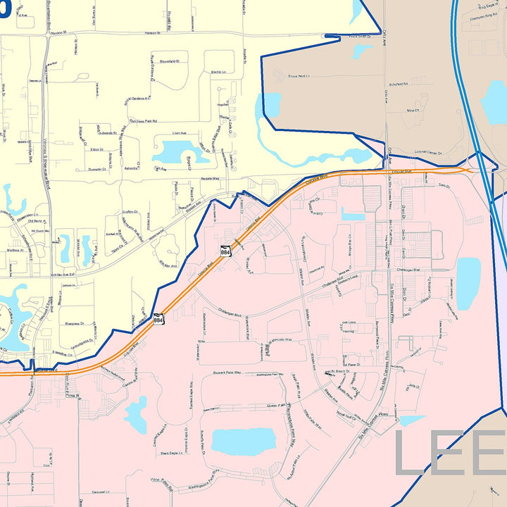 Color Cast Zip Code Style Wall Map of Fort Myers, FL