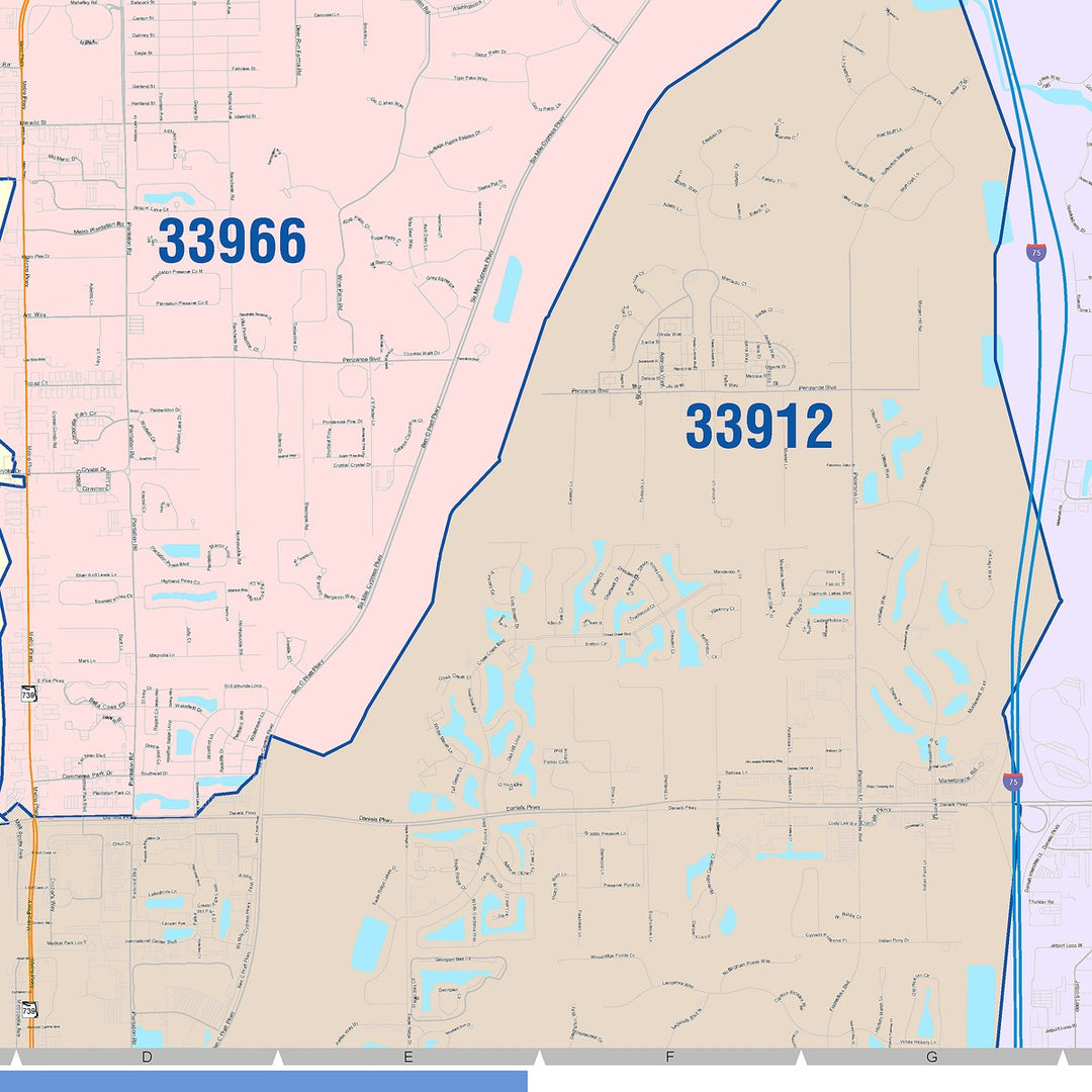 33919 Map Color Cast Zip Code Style Wall Map of Fort Myers, FL – American Map Store