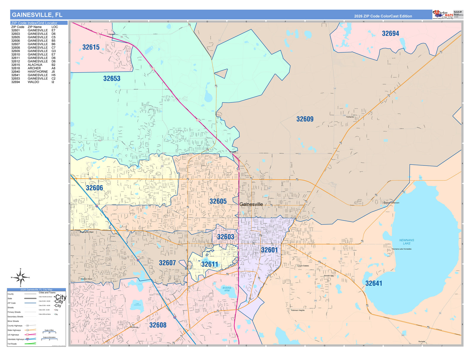 Color Cast Zip Code Style Wall Map of Gainesville, FL
