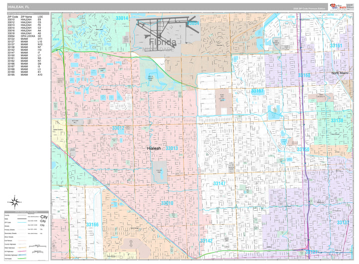 Premium Style Wall Map of Hialeah FL.
